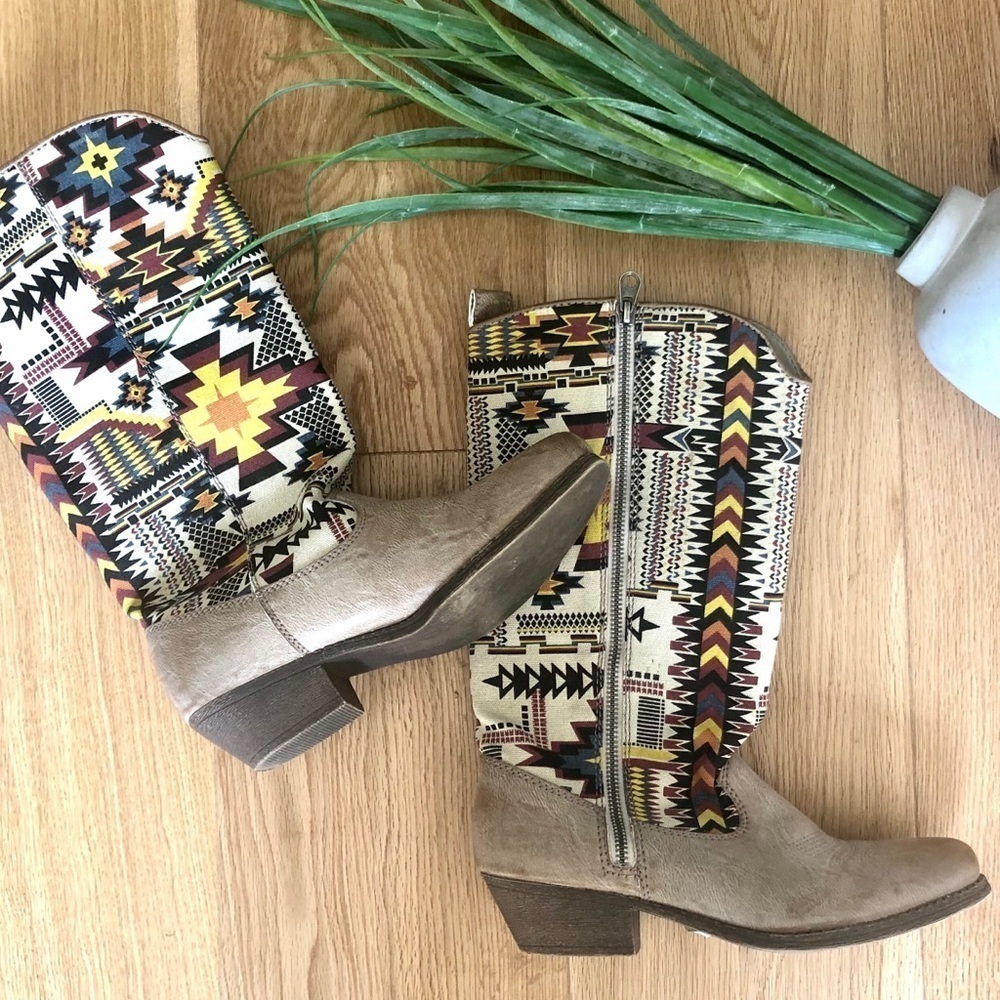 COLOURED AZTEC PATTERN COWBOY BOOTS - 8